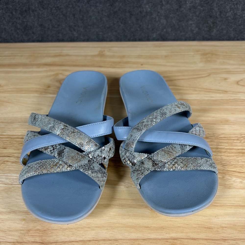 Vionic Dava Boa Blue Snake Print Multi Strap Slide Sandals Womens 6.5M